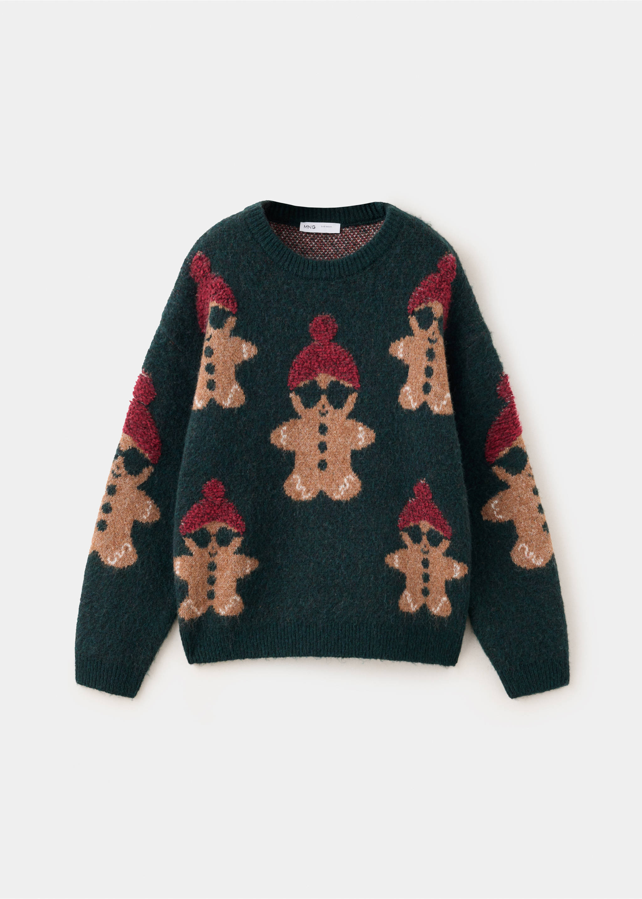 Dark green knitted sweater with a fluffy texture and a repeating gingerbread man pattern., Dark Green. Ref: 37039225-00.