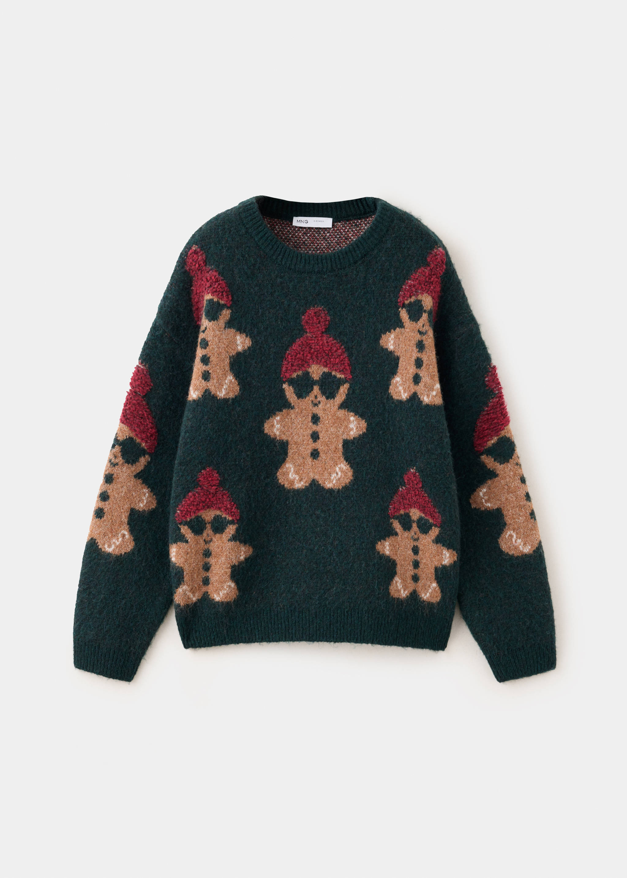 Dark green knitted sweater with a fluffy texture and a repeating gingerbread man pattern.