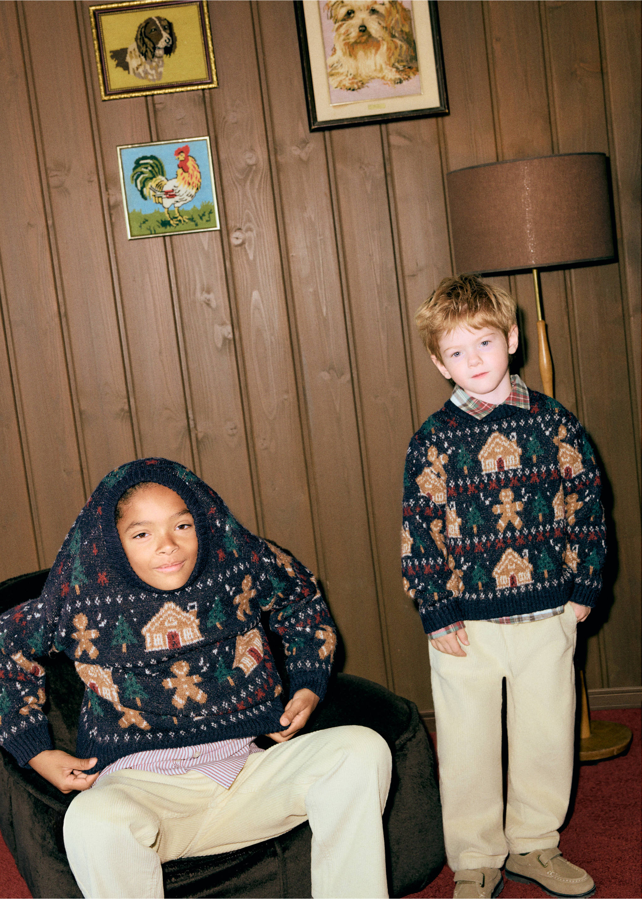 Navy blue patterned knit jersey with gingerbread house motif., Navy. Ref: 37039226-00.