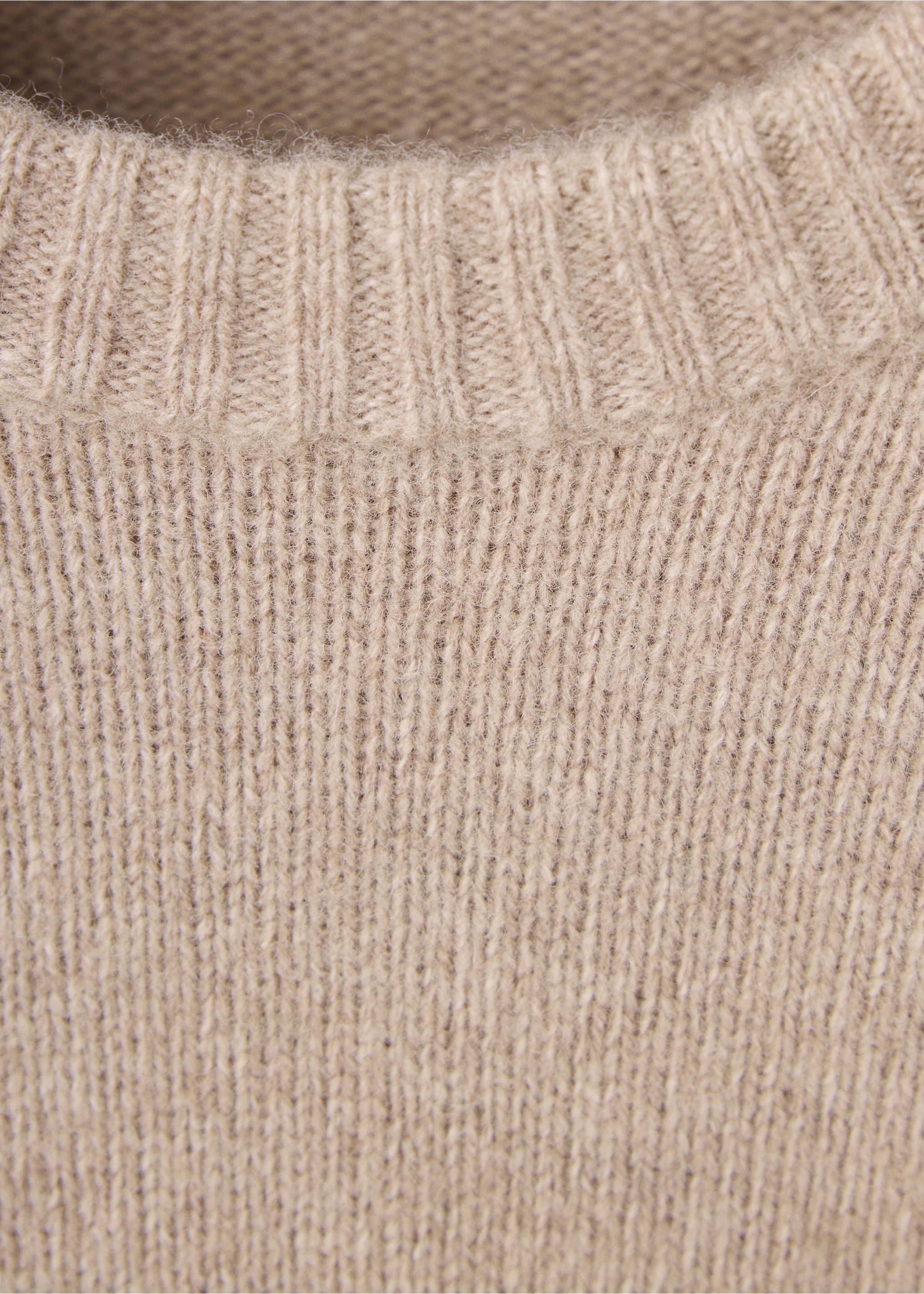 Beige kids sweater close-up showing the round ribbed neckline., Medium Brown. Ref: 37039227-00.