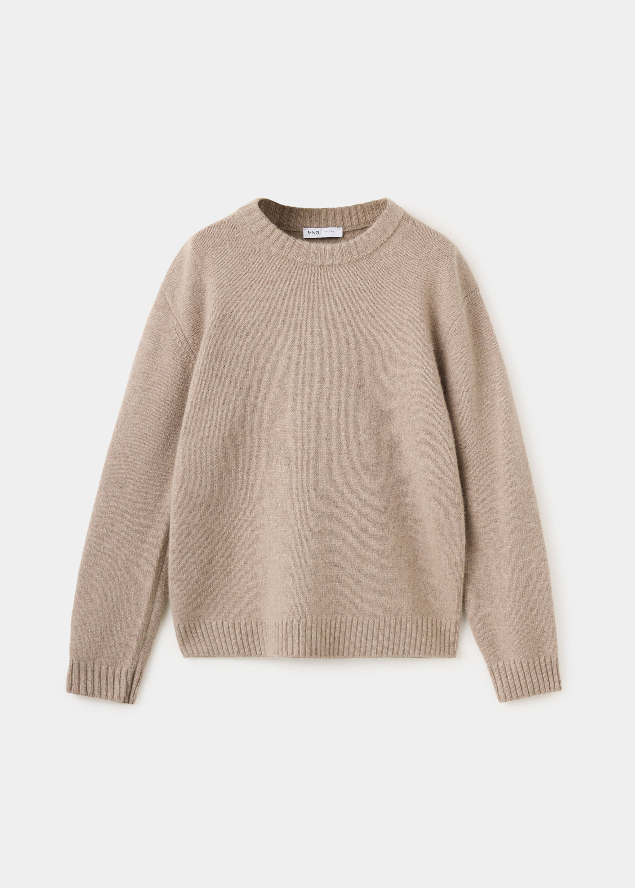 Beige kids' knitted jersey with a crew neck and ribbed trims.