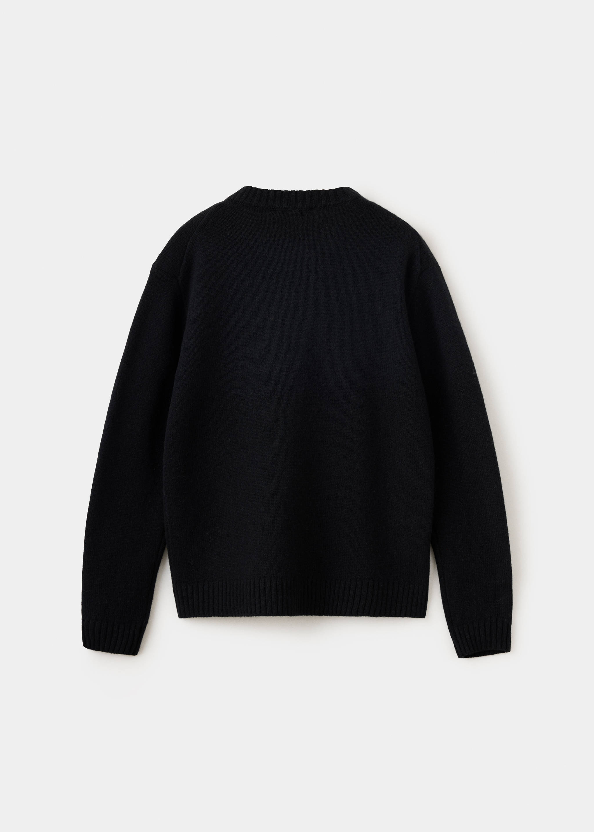 Black knitted sweater shown from the back, featuring a ribbed round neckline.