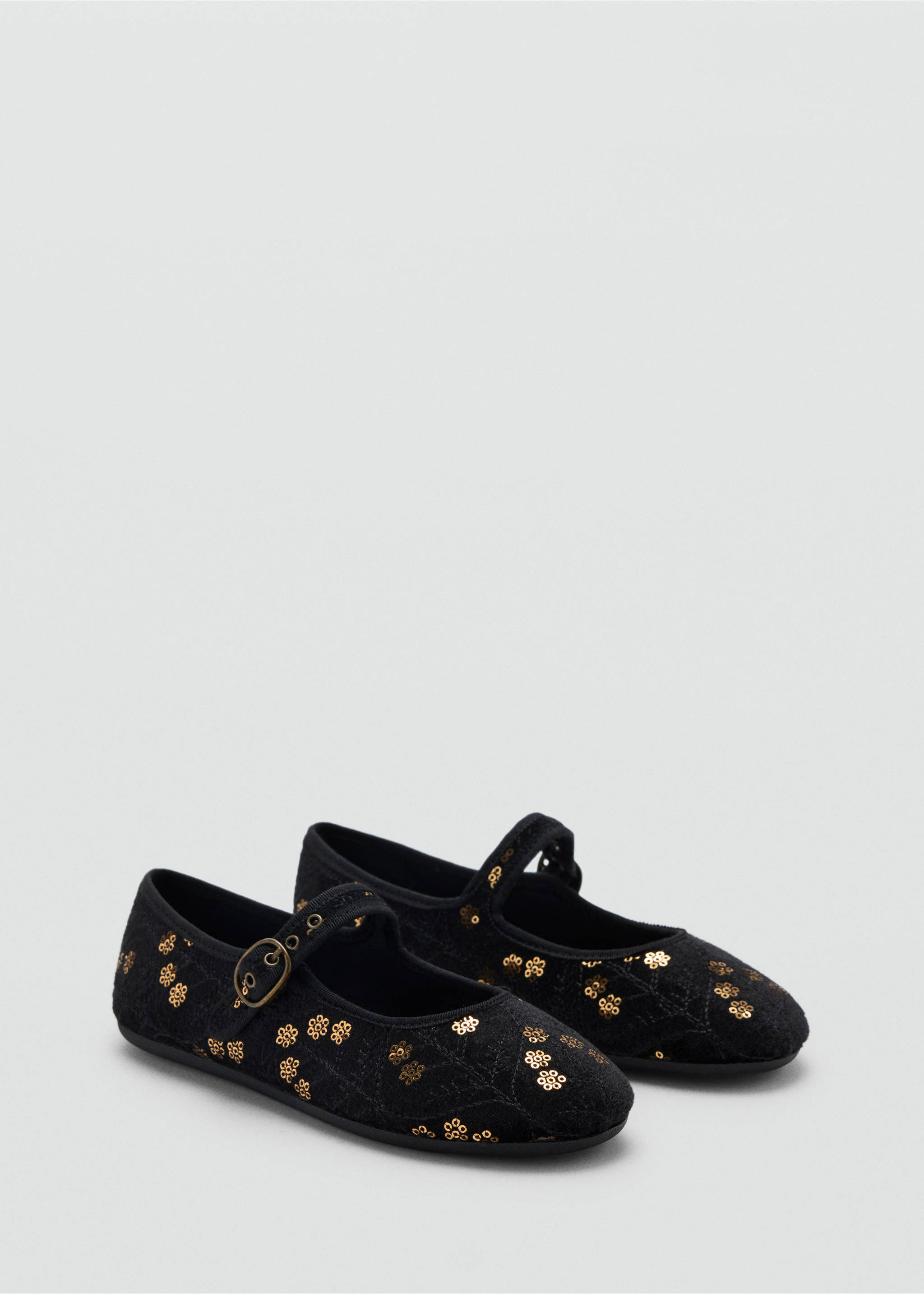 Black children's Mary Jane shoes with gold floral motifs and buckle straps., Black. Ref: 37039229-00.
