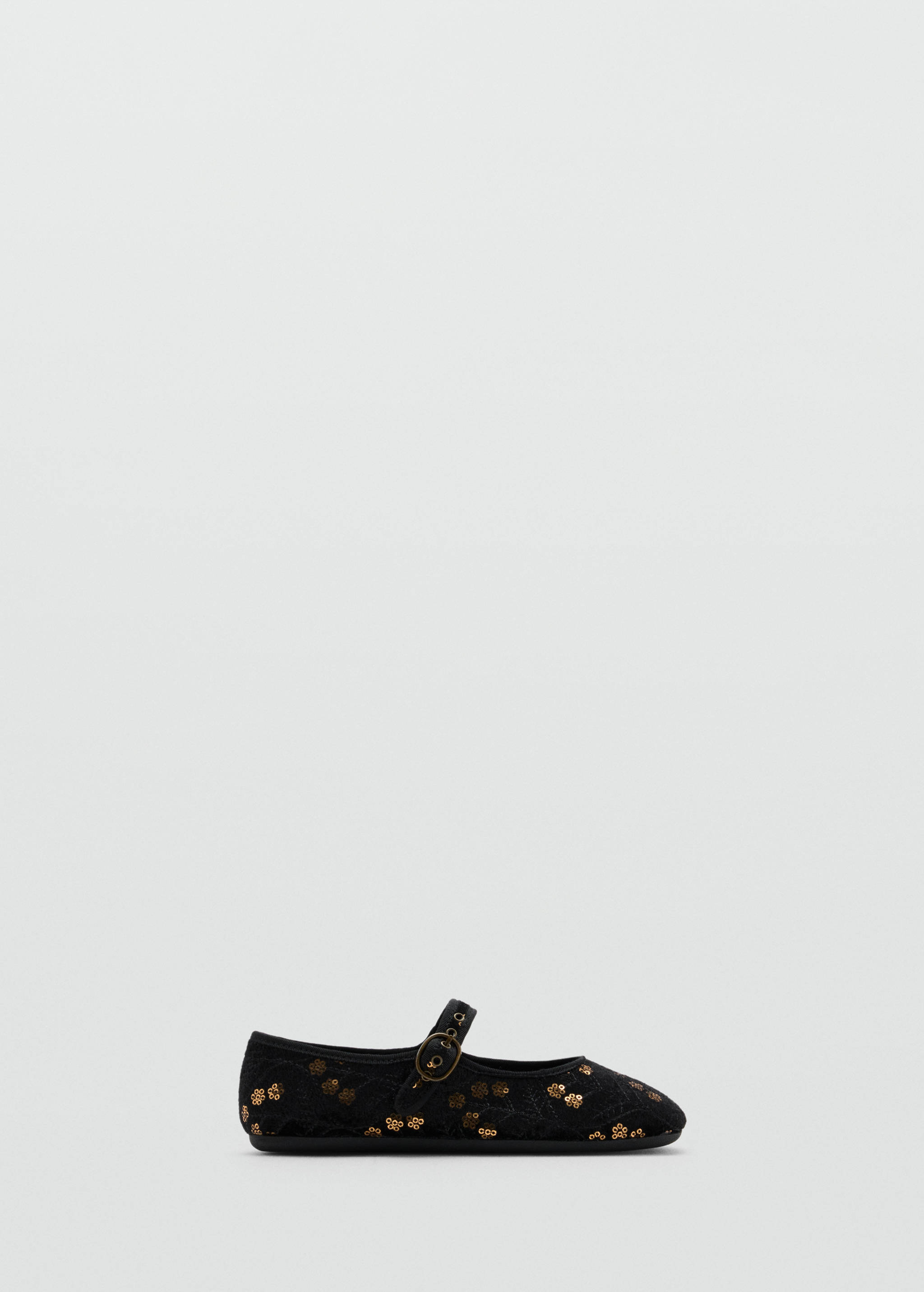 Black sequin-embroidered Mary Jane shoe with a strap and buckle.
