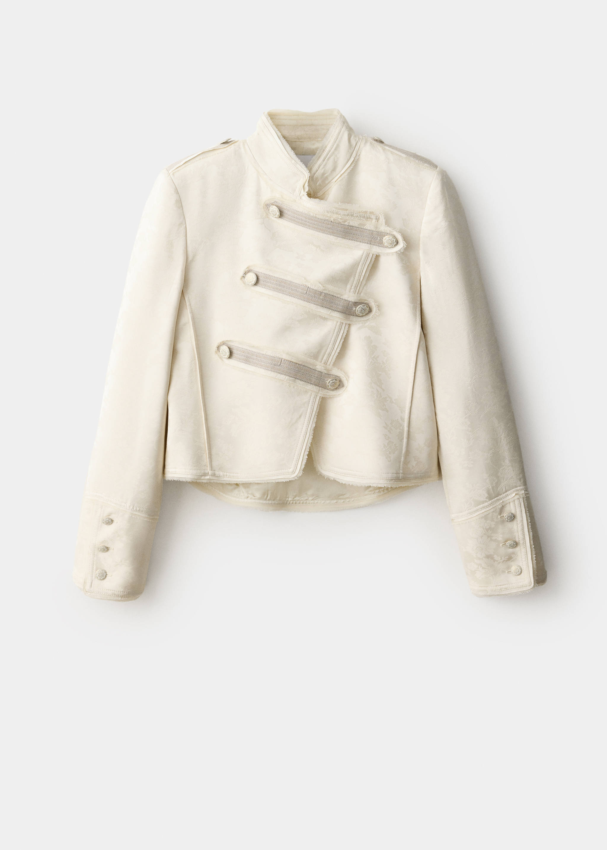 Cream cropped jacket with mandarin collar and braided front trim.