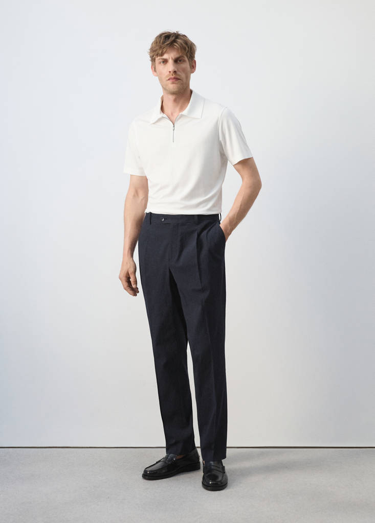 Slim fit cotton lyocell seersucker trousers — Navy