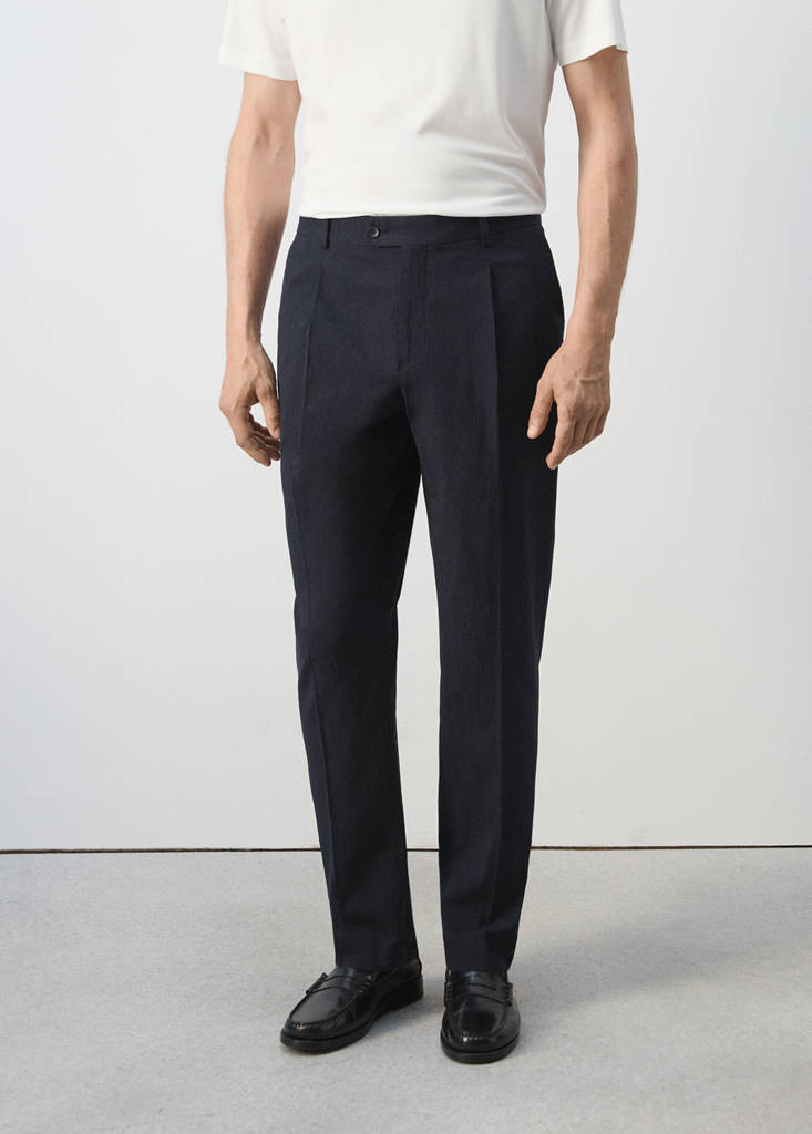 Slim fit cotton lyocell seersucker trousers — Navy