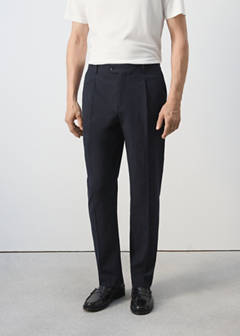 Slim fit cotton lyocell seersucker trousers — Navy 1