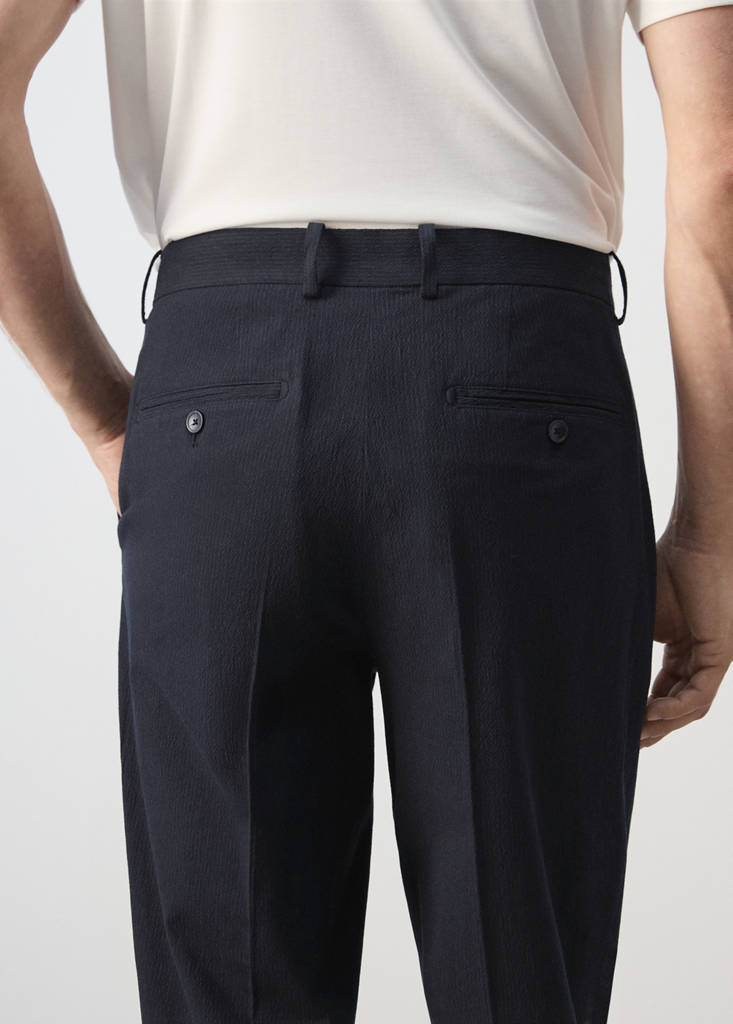 Slim fit cotton lyocell seersucker trousers — Navy