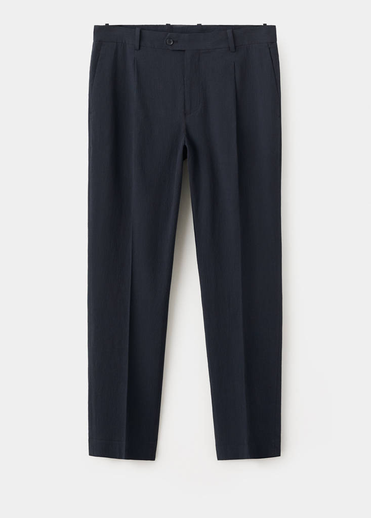 Slim fit cotton lyocell seersucker trousers — Navy