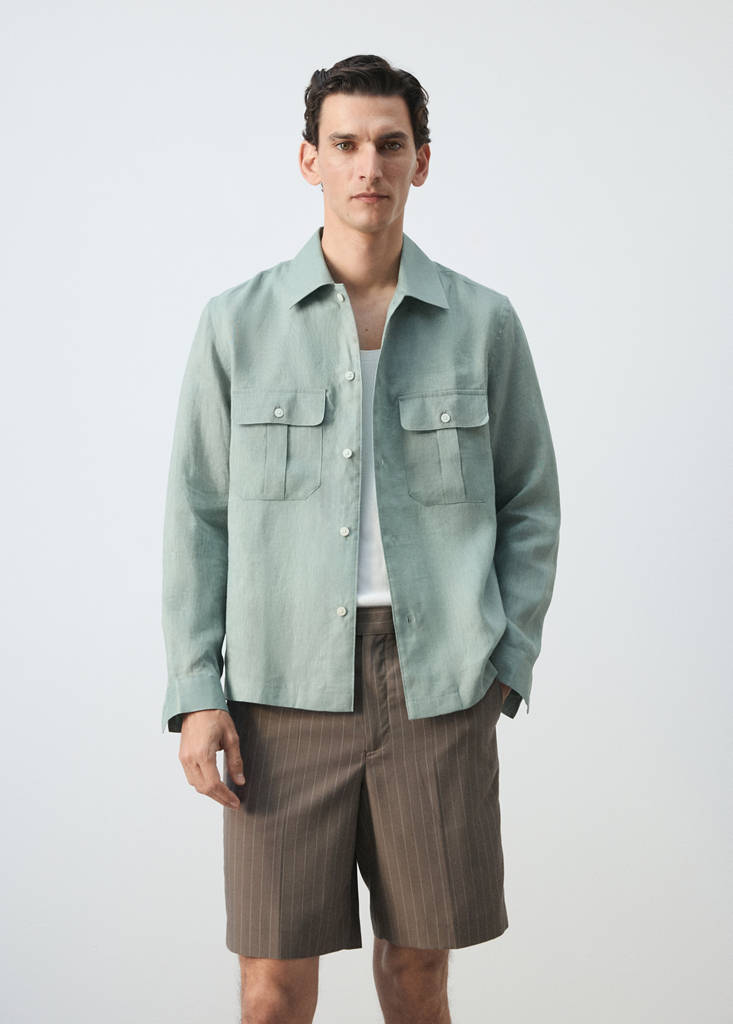 Regular-fit 100% linen overshirt — Emerald Green