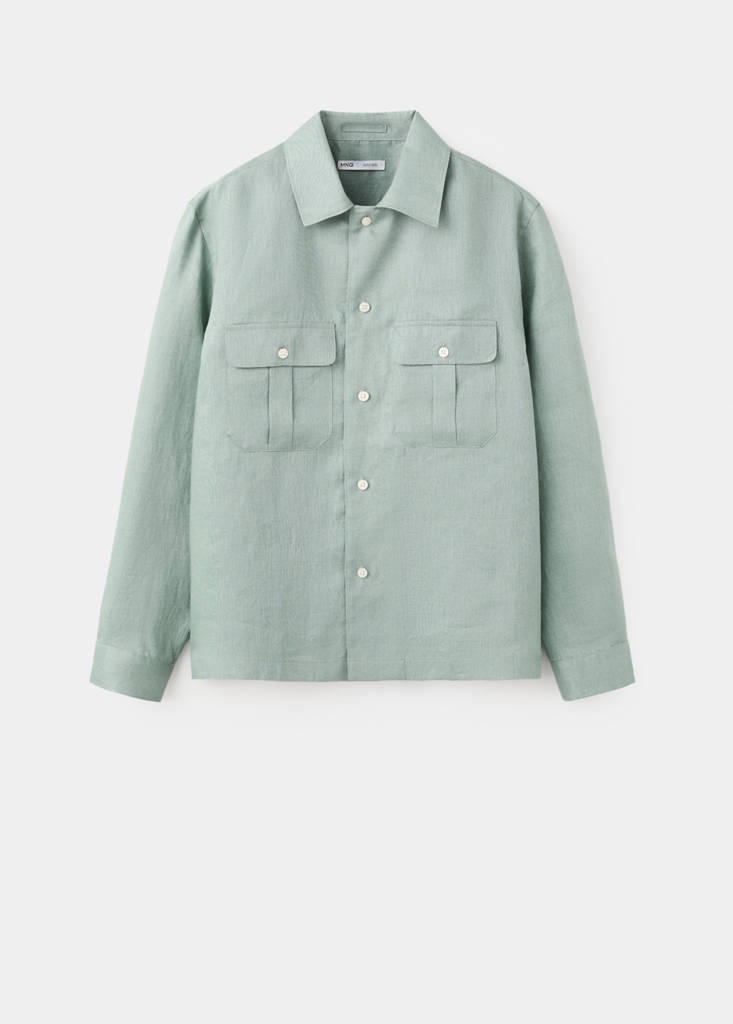Regular-fit 100% linen overshirt — Emerald Green
