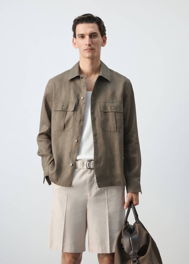 Regular-fit 100% linen overshirt — Mink Grey