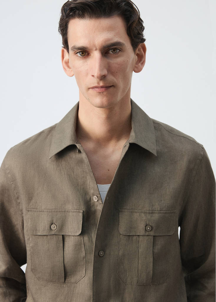 Regular-fit 100% linen overshirt — Mink Grey