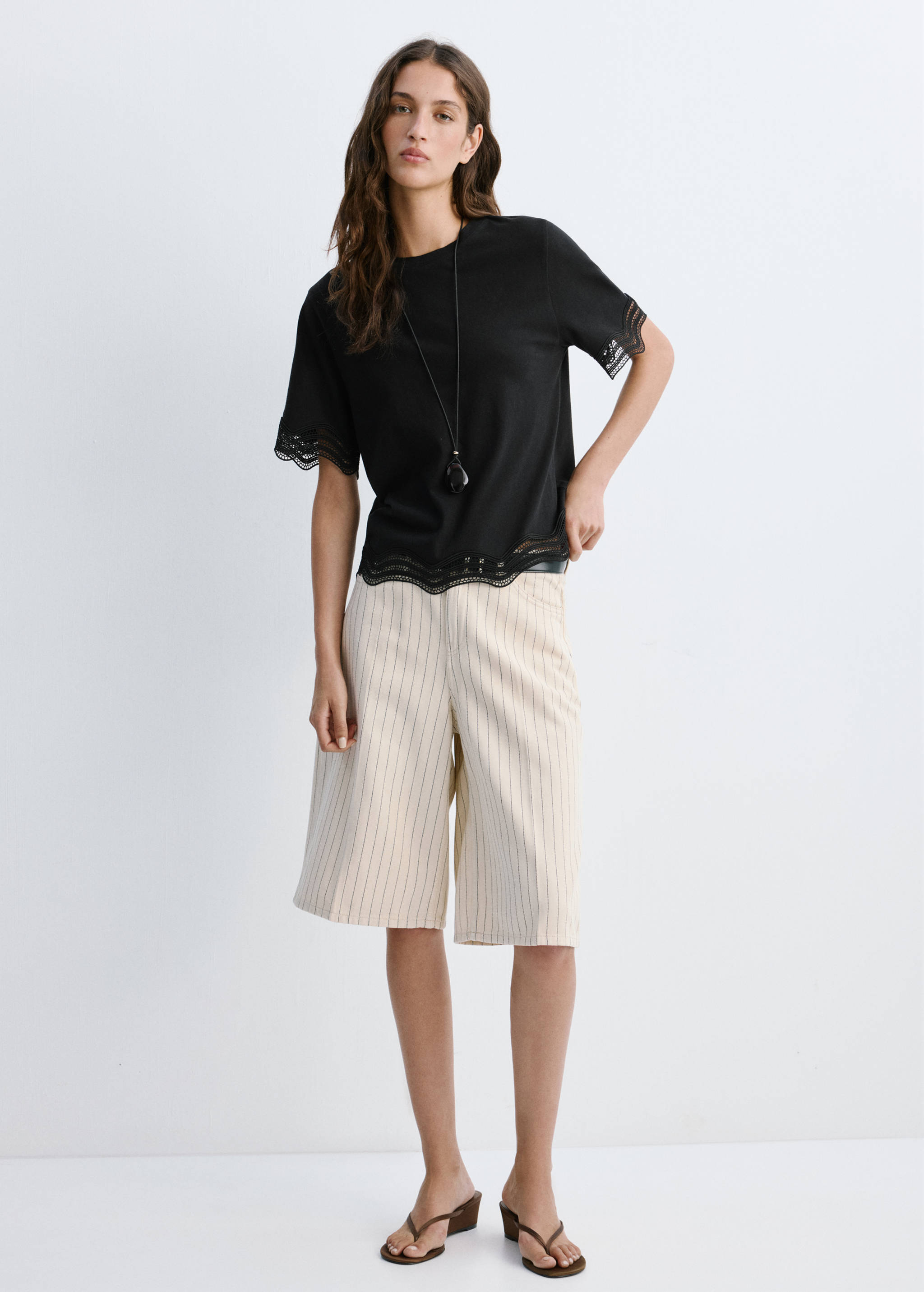 Cotton t-shirt with openwork embroidered detail - General plane