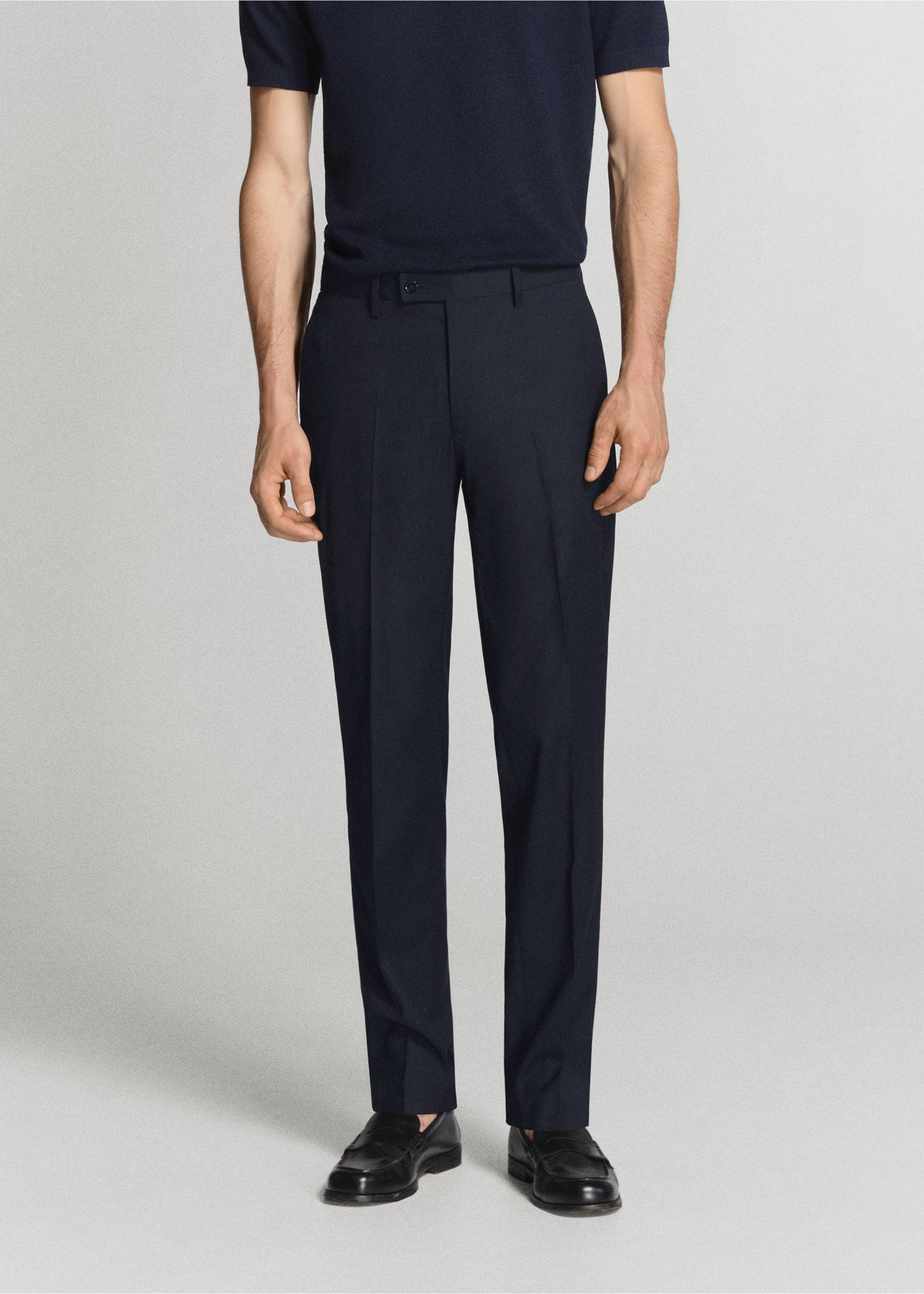Dark navy blue trousers with center creases and belt loops., Navy. Ref: 37041362-01.