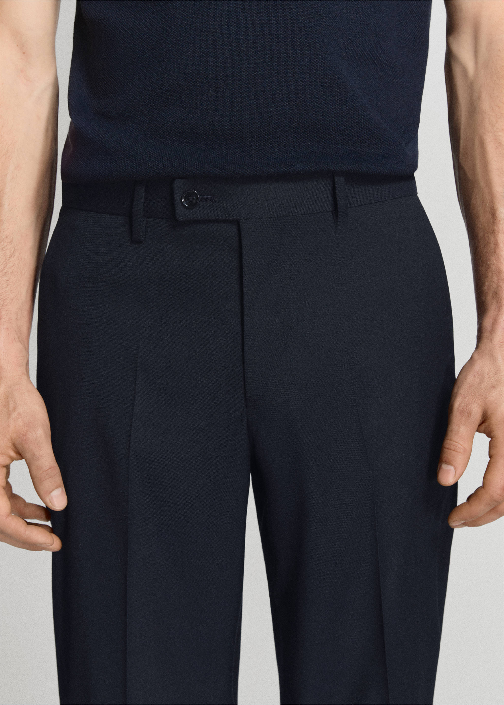 Dark navy blue trousers detail with fitted waistband and belt loops., Navy. Ref: 37041362-01.