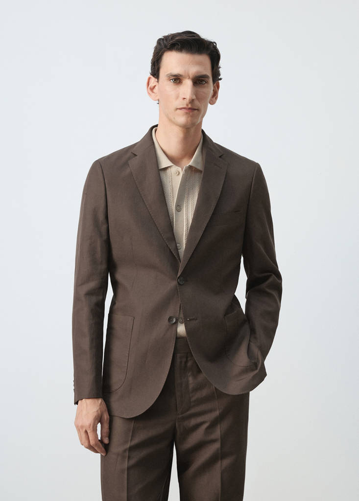 Slim fit lyocell linen suit jacket — Brown