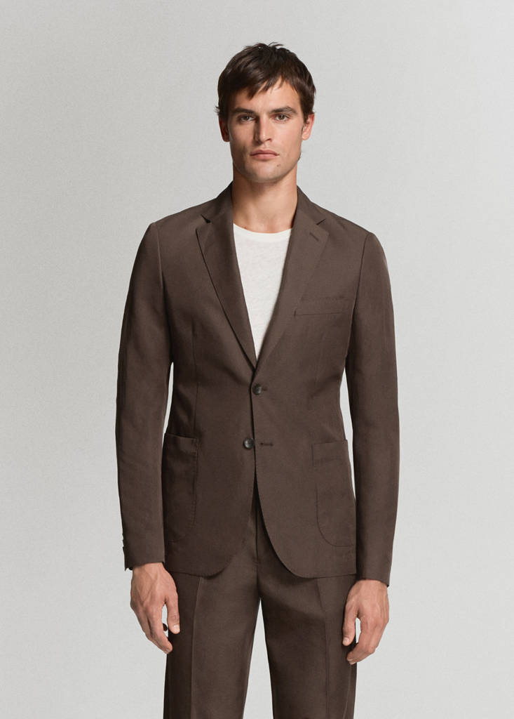Slim fit lyocell linen suit jacket — Brown