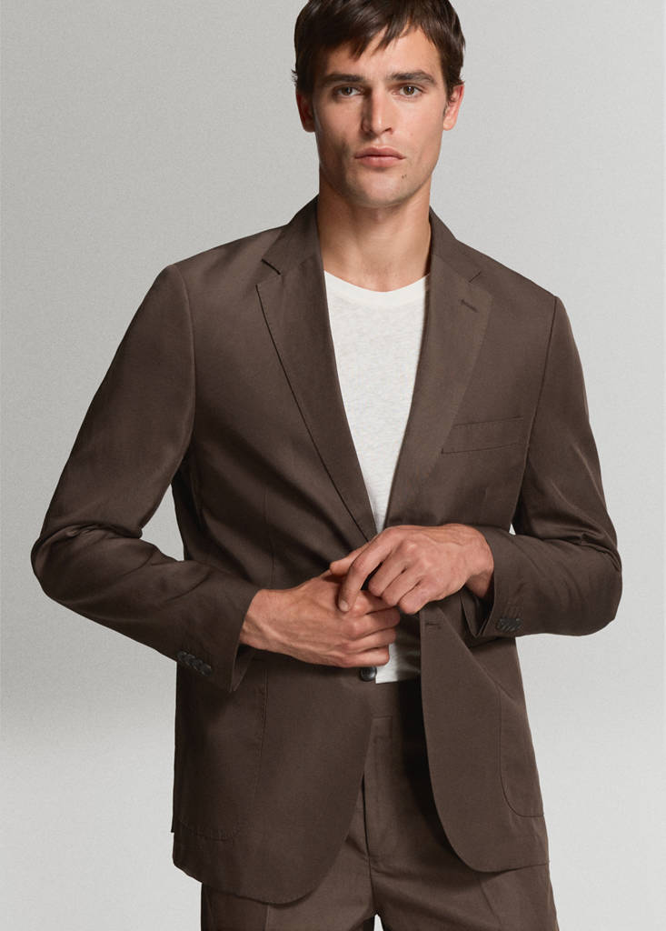 Slim fit lyocell linen suit jacket — Brown