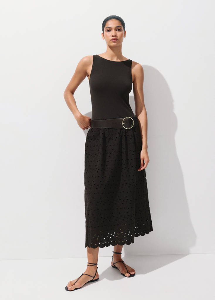 Openwork embroidered combined dress — Brown