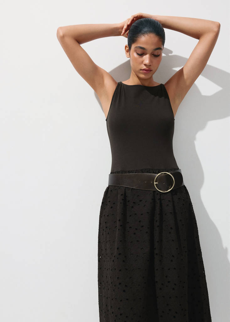 Openwork embroidered combined dress — Brown