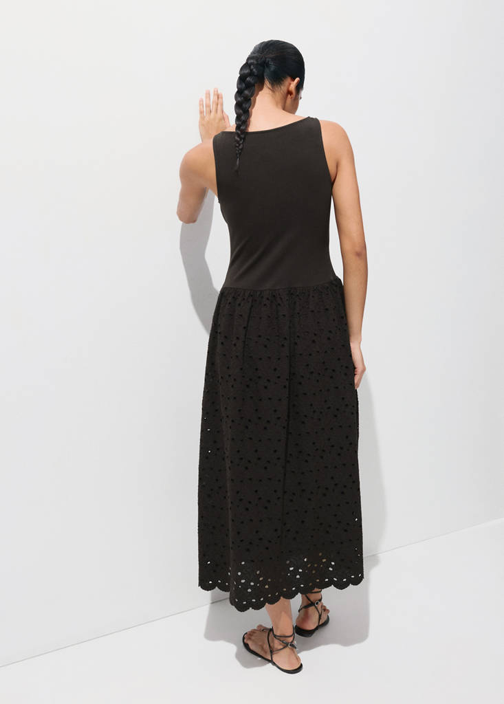 Openwork embroidered combined dress — Brown