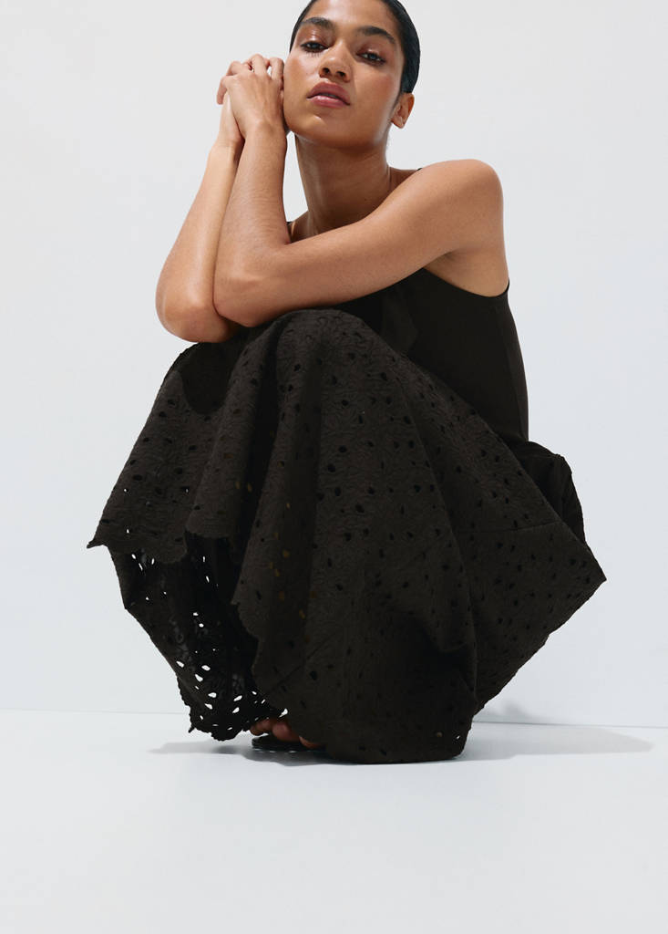 Openwork embroidered combined dress — Brown