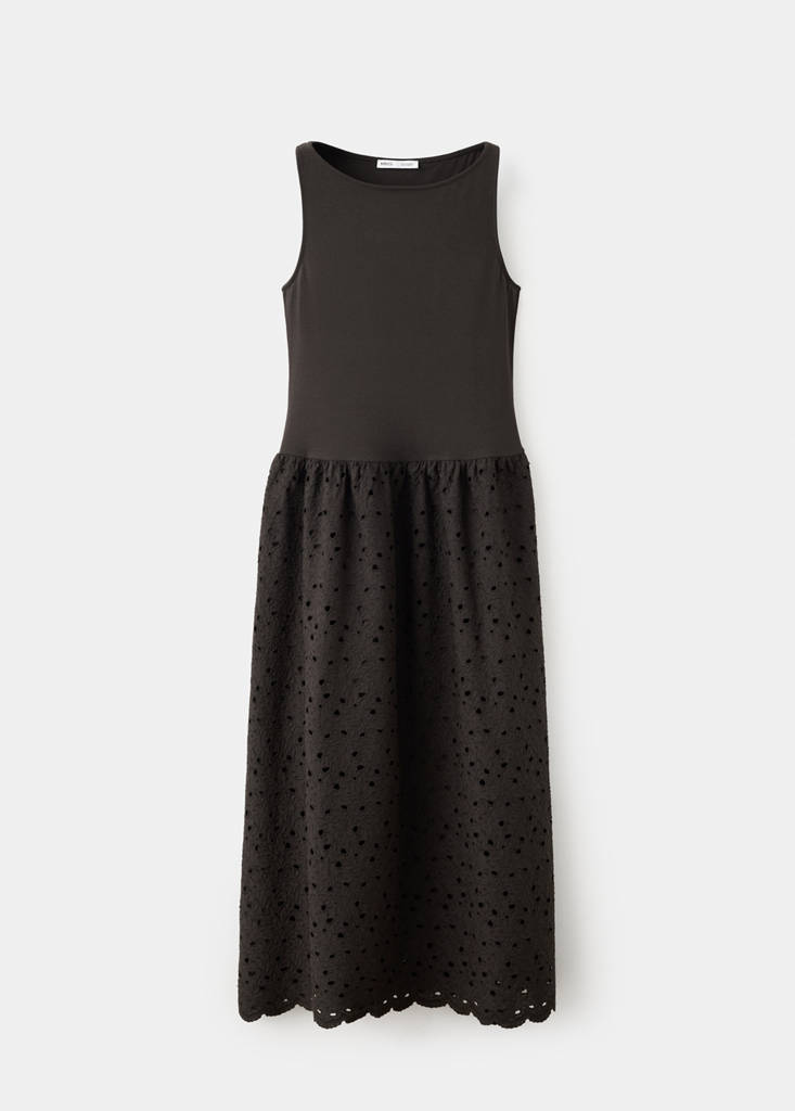 Openwork embroidered combined dress — Brown