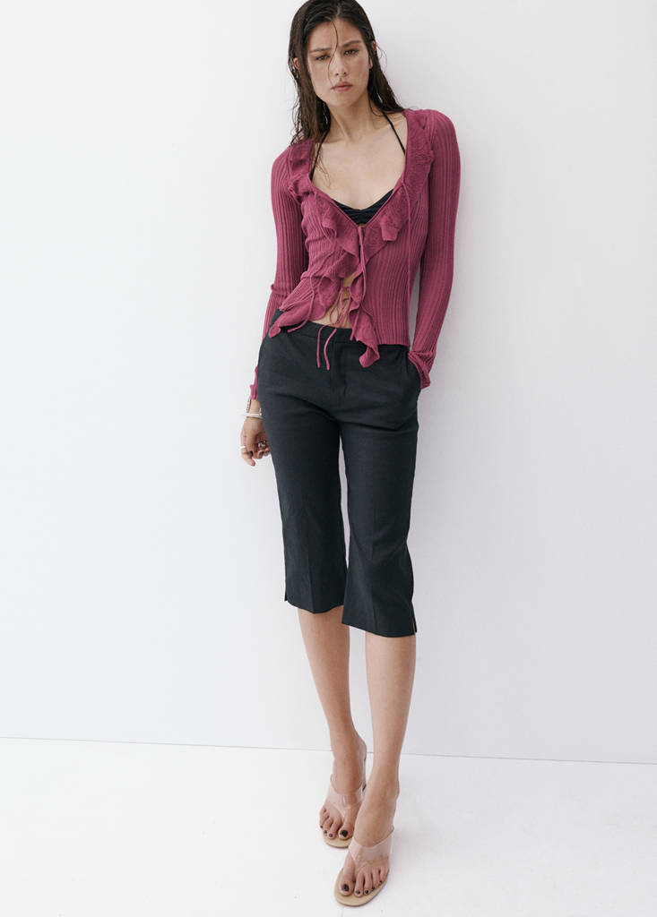 Textured knit cardigan with frill detail — Wine