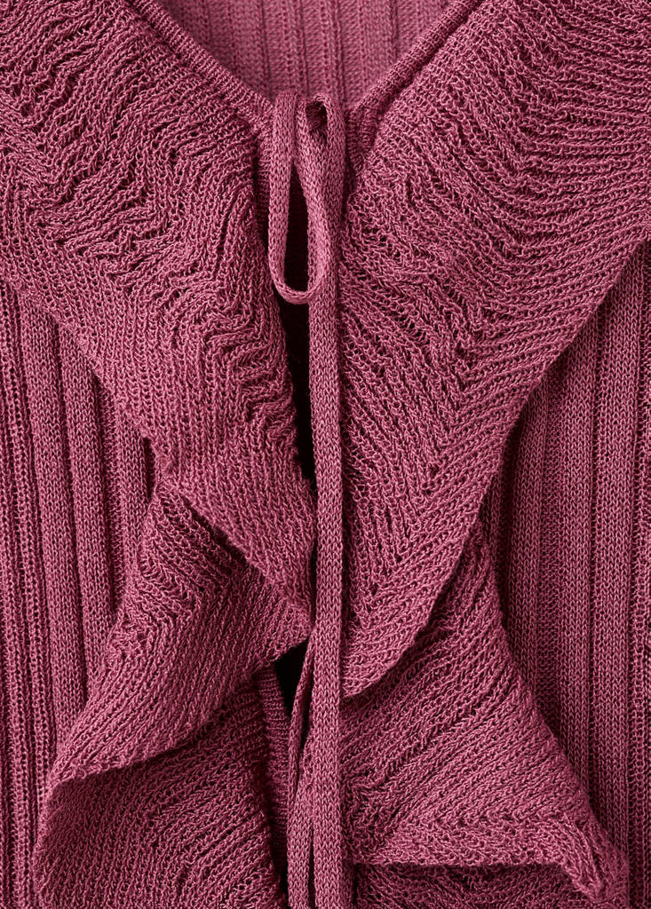 Textured knit cardigan with frill detail — Wine