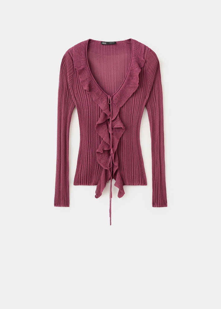 Textured knit cardigan with frill detail — Wine