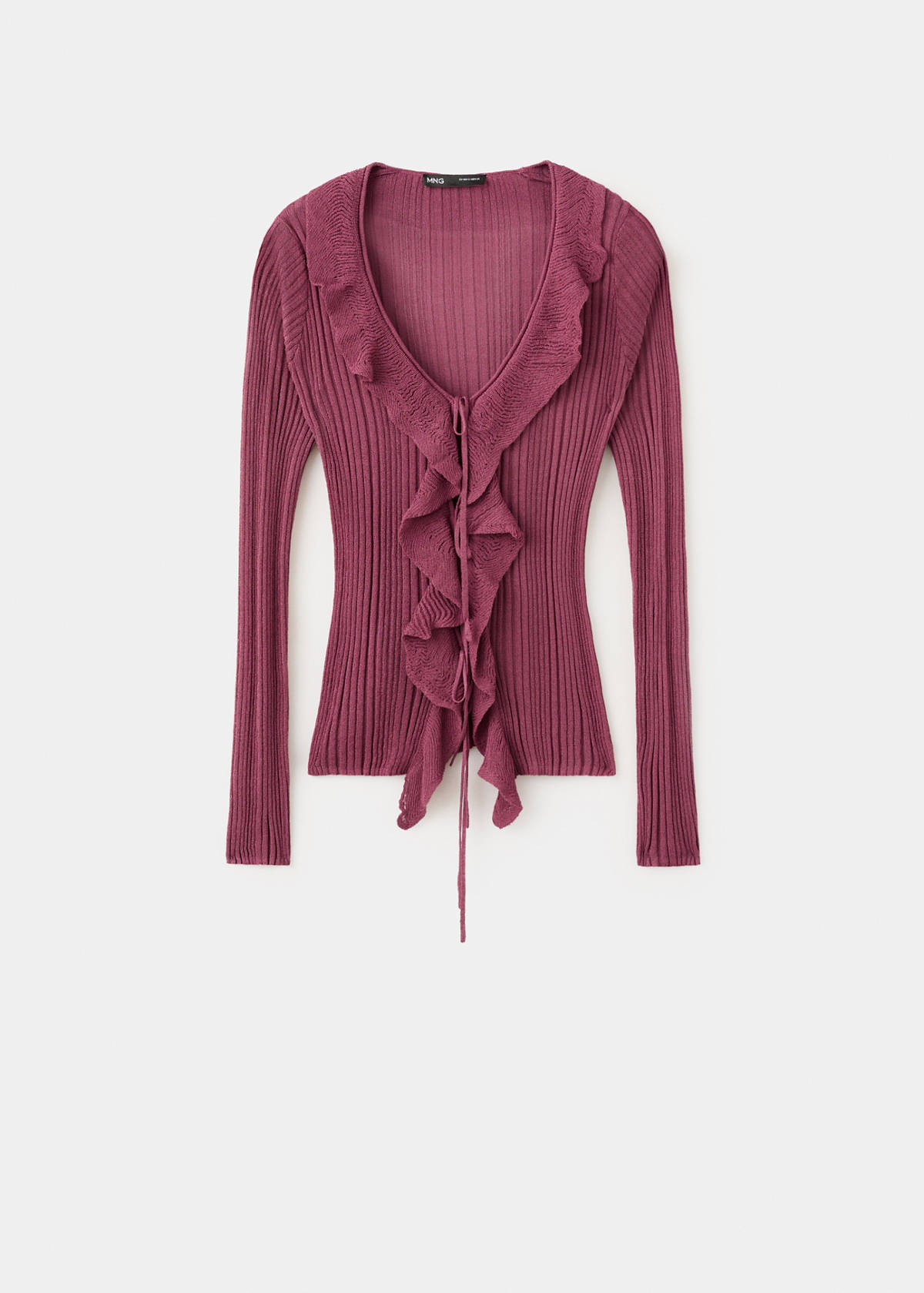 Textured knit cardigan with frill detail — Wine