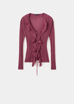 Textured knit cardigan with frill detail — Wine 4