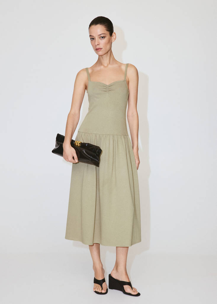 Ruched neckline volume dress — Khaki