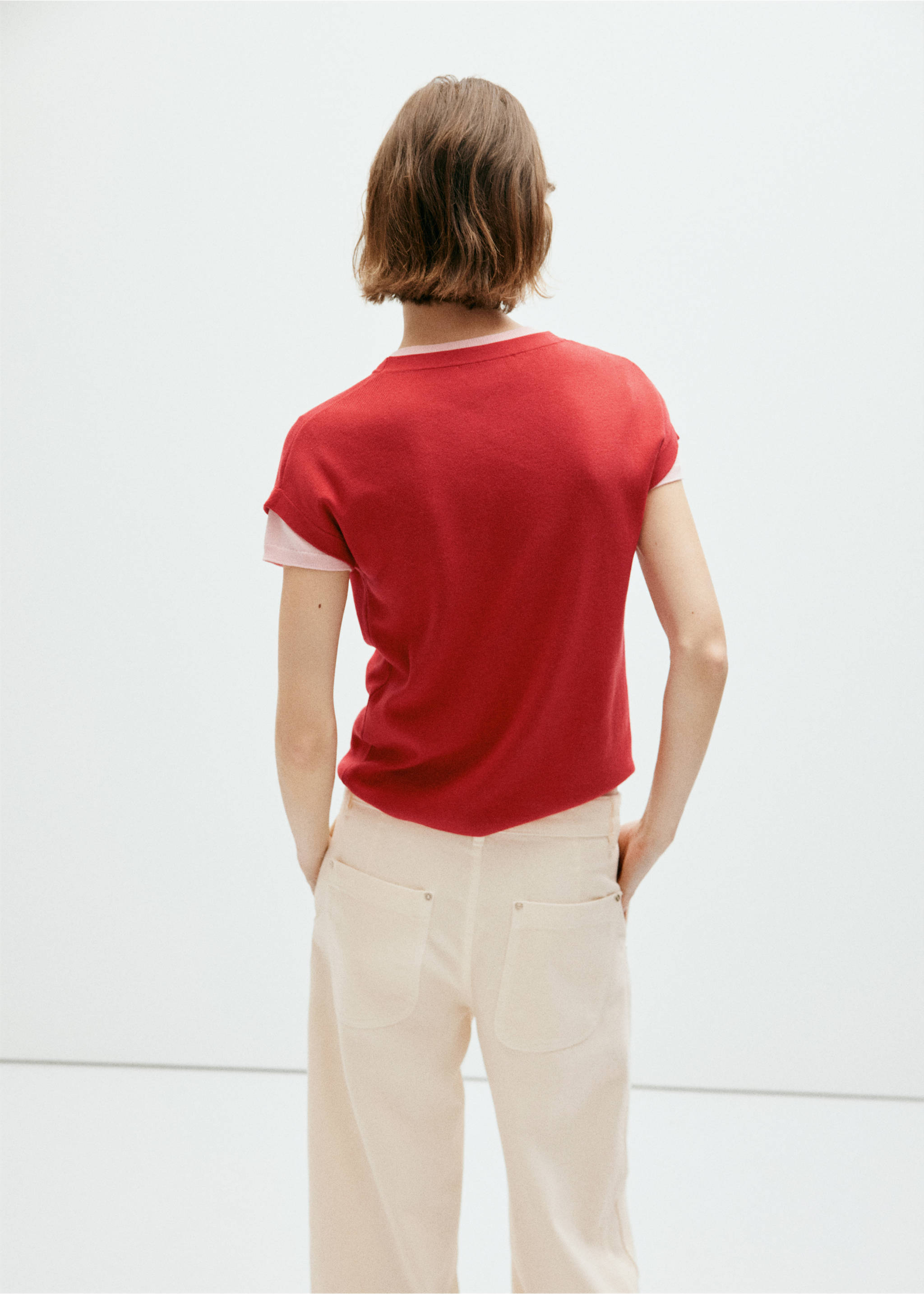 Short-sleeve knitted t-shirt - Reverse of the article, Red. Ref: 37041390-00.