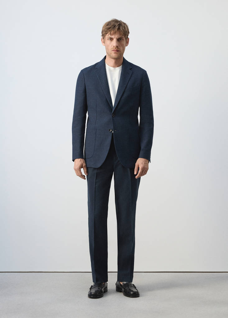 Slim fit linen-cotton check blazer — Navy