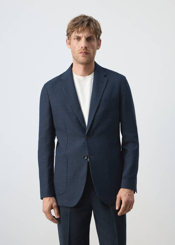 Slim fit linen-cotton check blazer — Navy