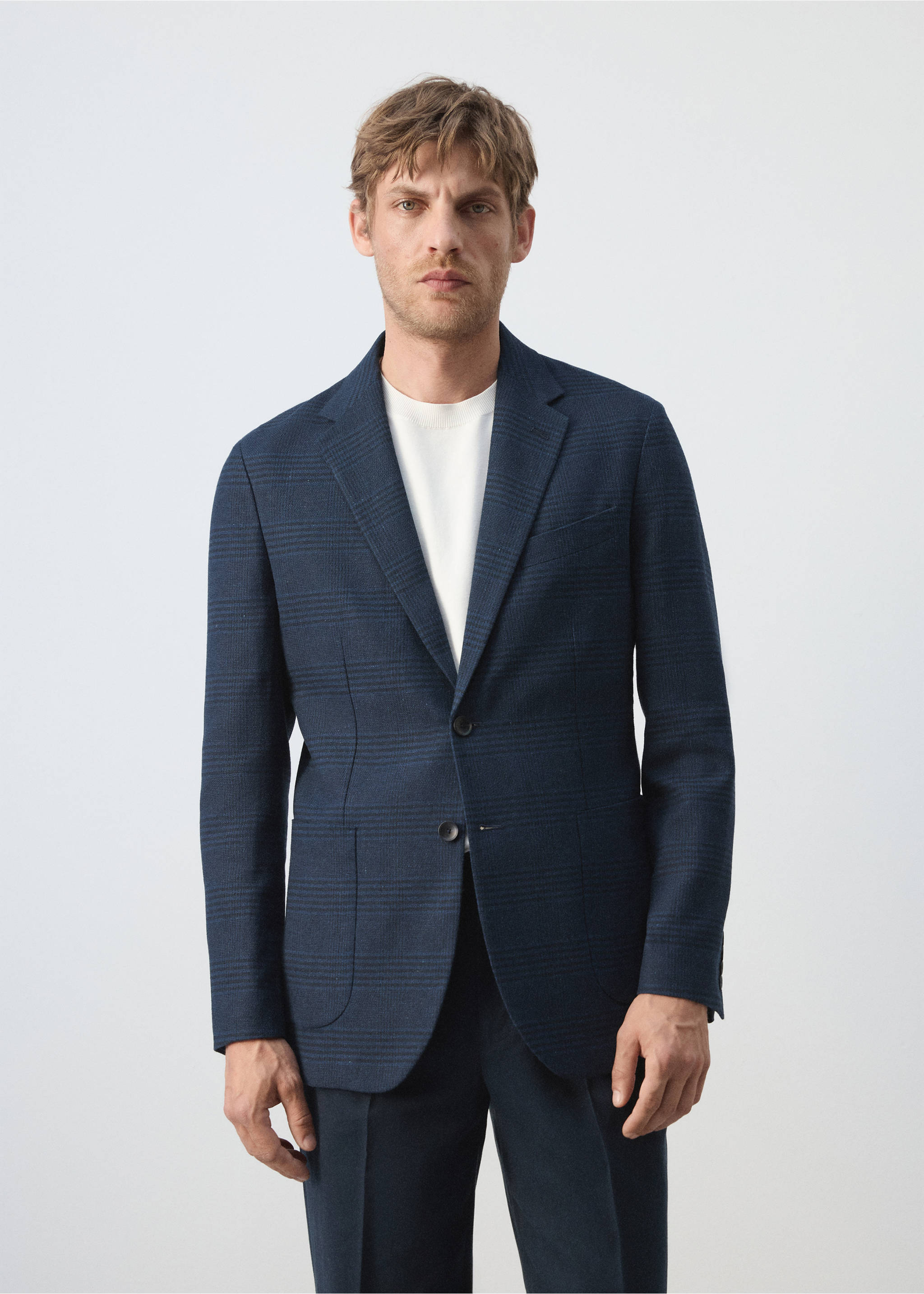 Slim fit blazer van linnen-katoen met strepen - Middenvlak, Marineblauw. Ref: 37041415-00.