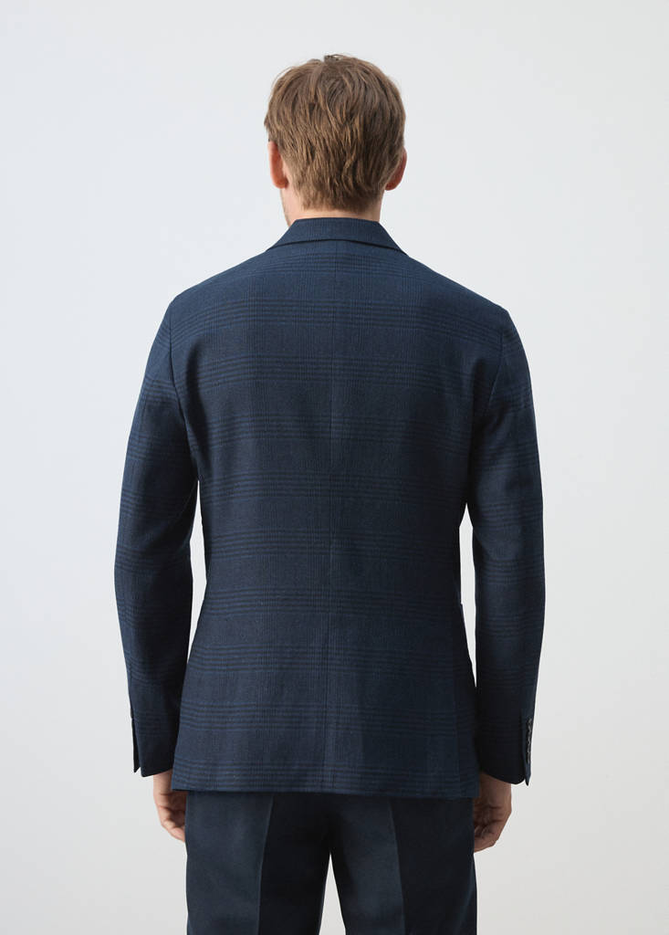 Slim fit linen-cotton check blazer — Navy