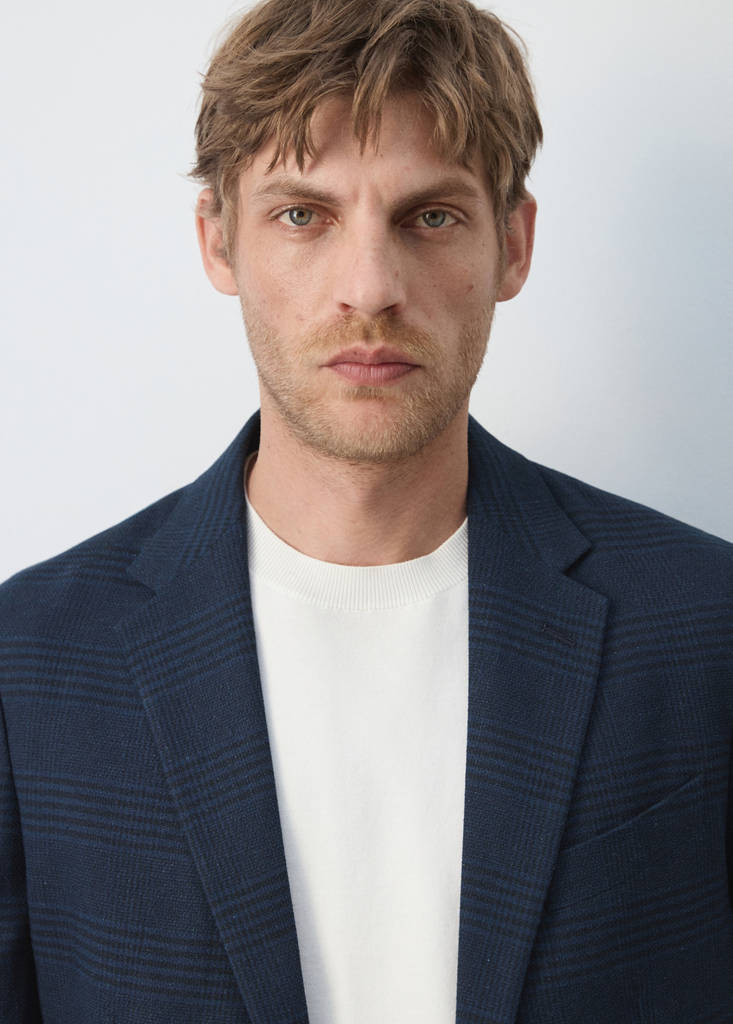 Slim fit linen-cotton check blazer — Navy