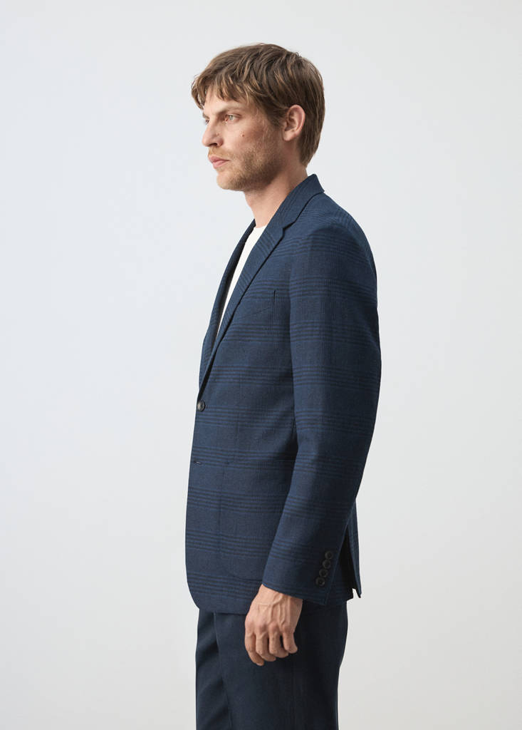 Slim fit linen-cotton check blazer — Navy