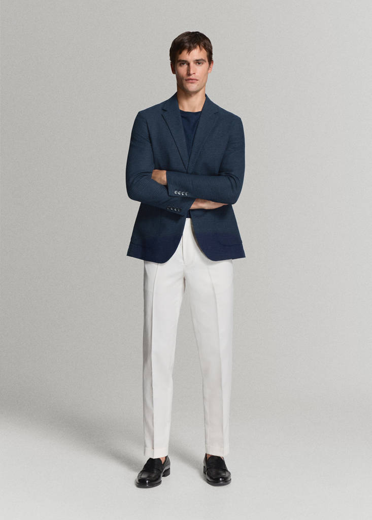 Slim fit linen-cotton check blazer — Navy