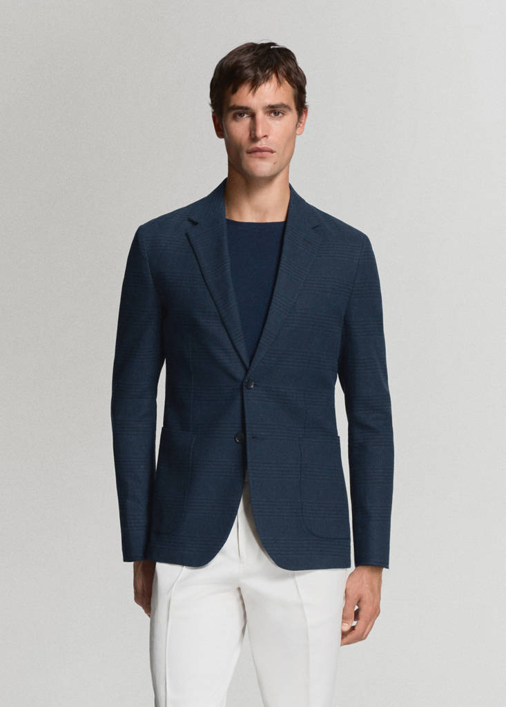 Slim fit linen-cotton check blazer — Navy