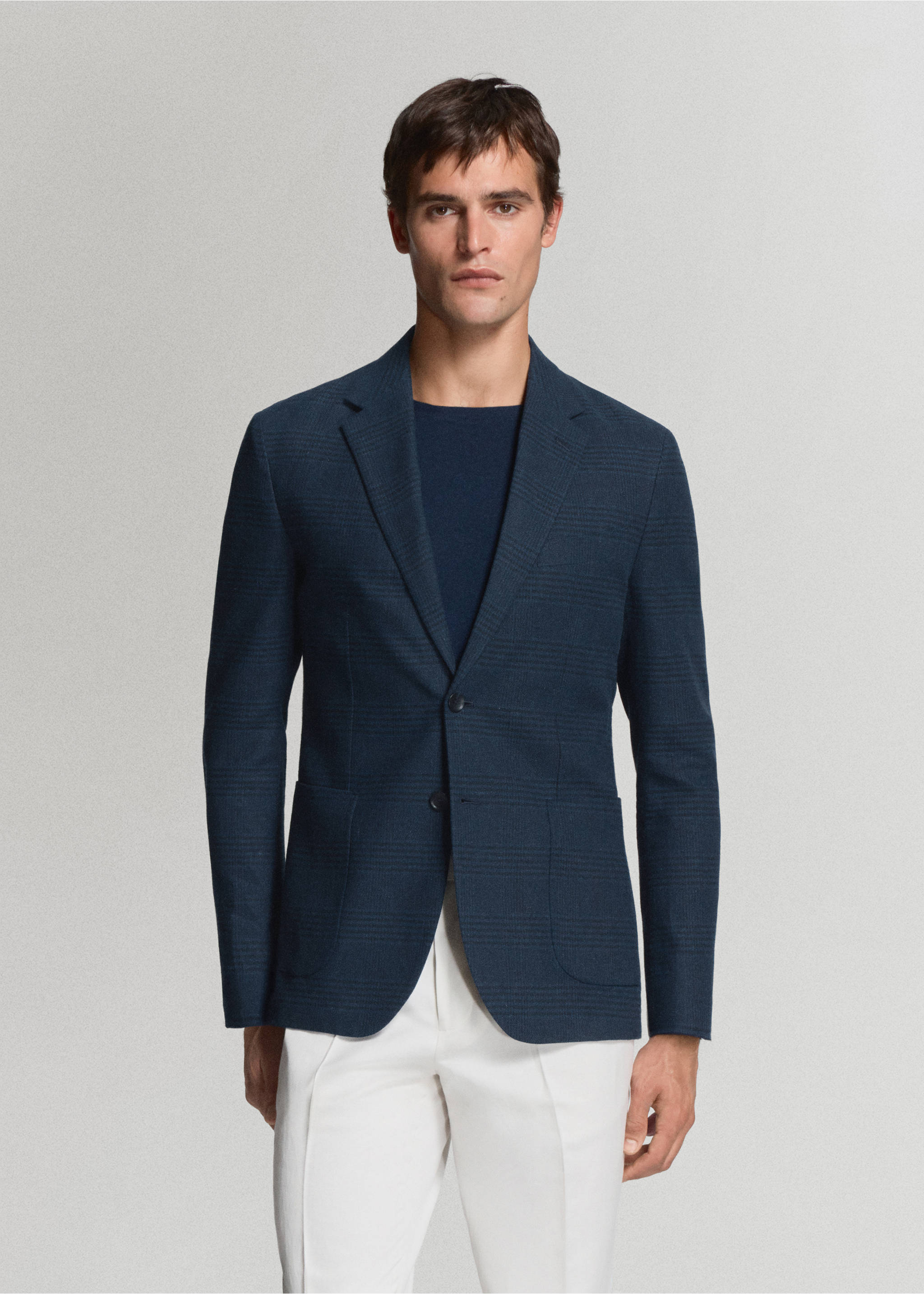 Americana slim fit lino algodón rayas - Plano medio, Azul marino. Ref: 37041415-01.