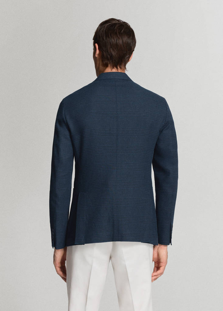 Slim fit linen-cotton check blazer — Navy