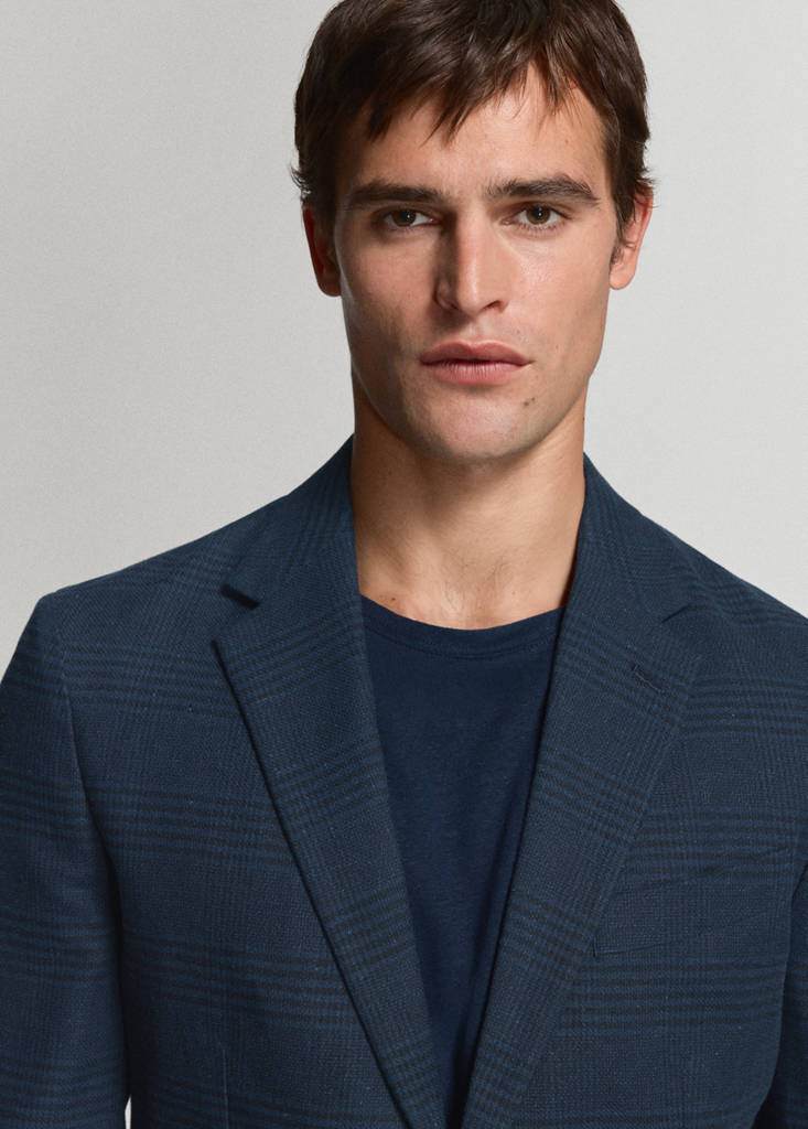 Slim fit linen-cotton check blazer — Navy