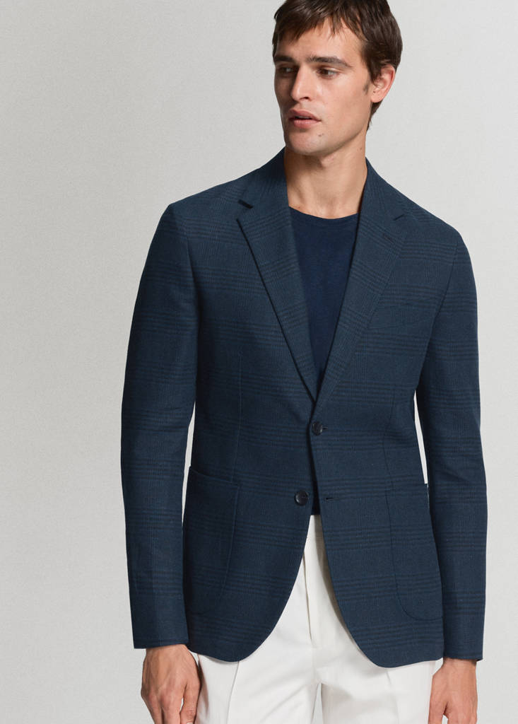 Slim fit linen-cotton check blazer — Navy