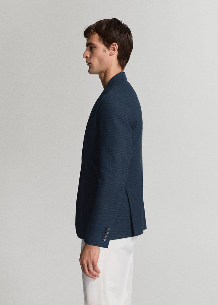 Slim fit linen-cotton check blazer — Navy