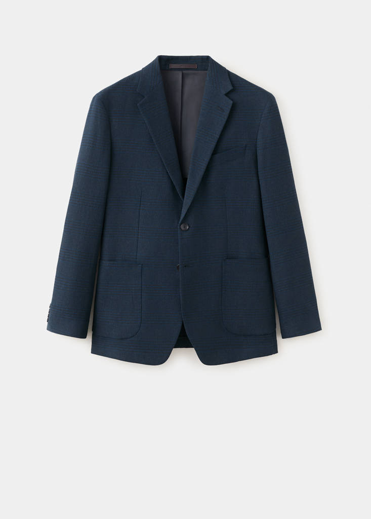 Slim fit linen-cotton check blazer — Navy